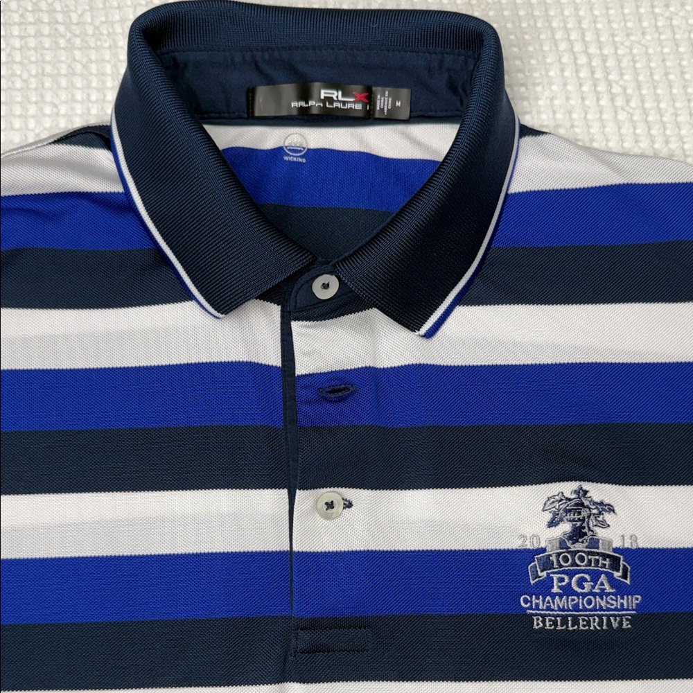 Ralph Lauren RLX Navy, Royal Blue & White Striped Polo - PGA 100th - Bellerive